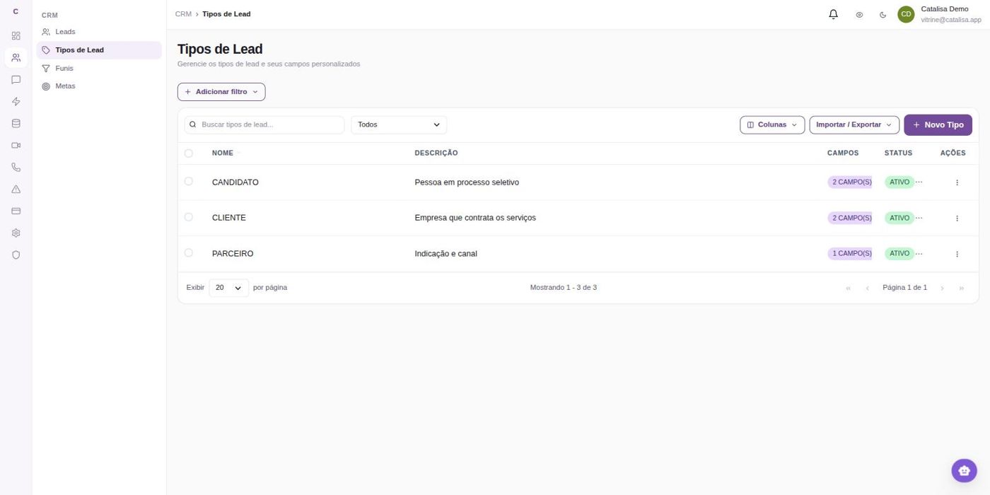 Tela de tipos de lead com campos personalizados